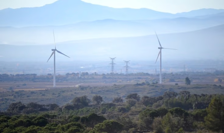 Two of the 35 turbines now operational at the Ensemble Eolien Catalan wind farm (96 MW)